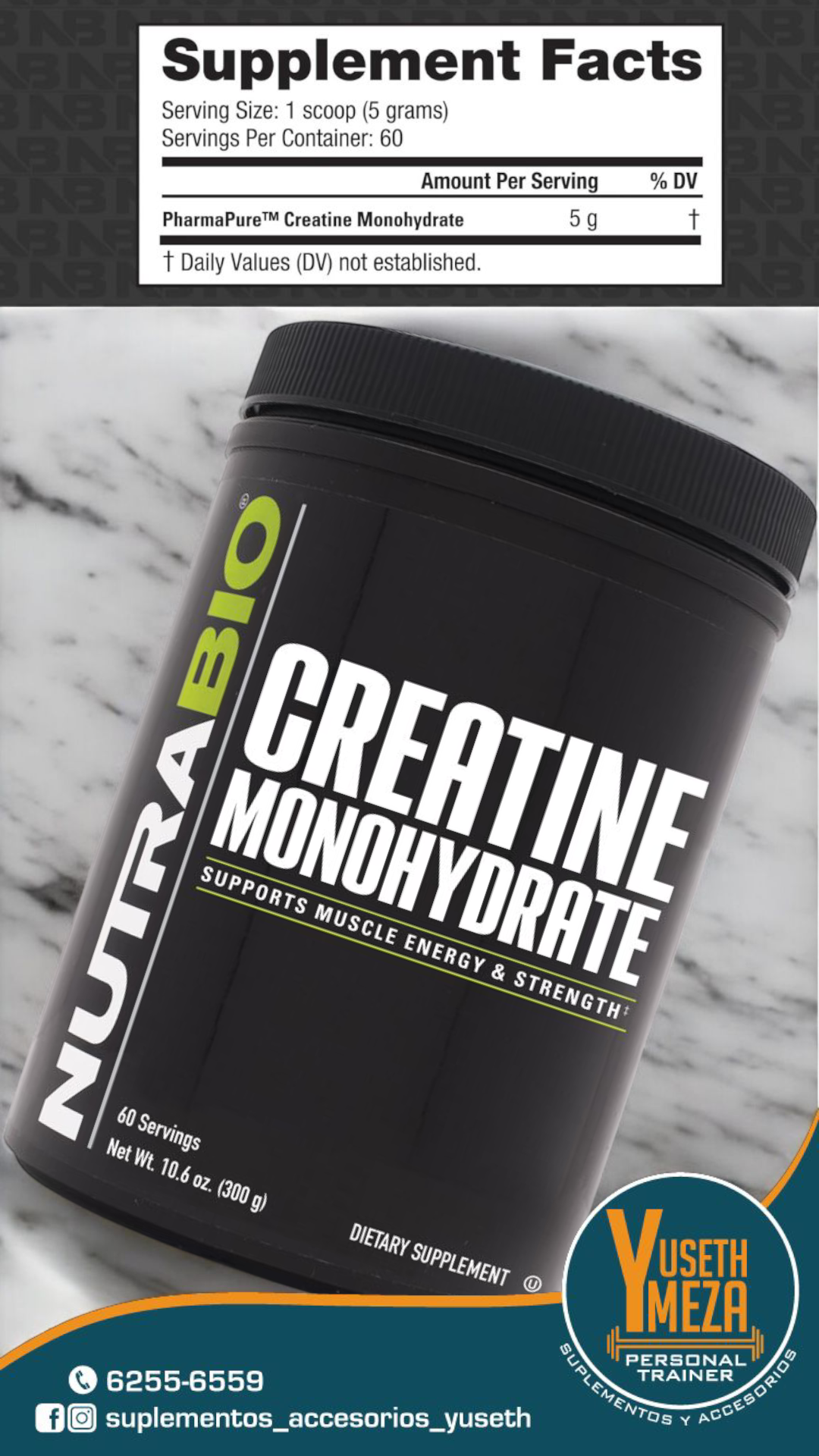 NUTRABIO CREATINA MONOHIDRATADA / 60 Servidas / 5g Cada Servida