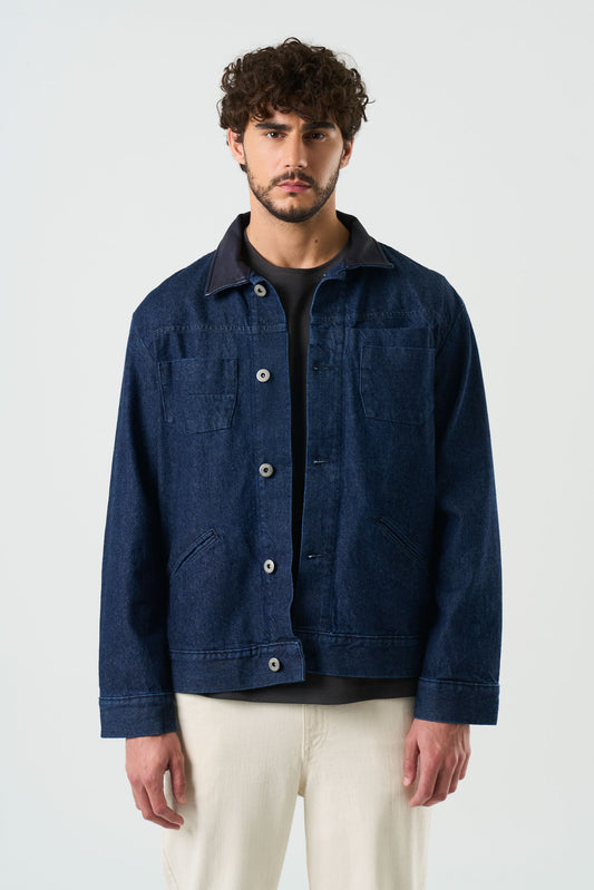 Chaqueta Lerna en denim y cuero para hombre silueta Trucker