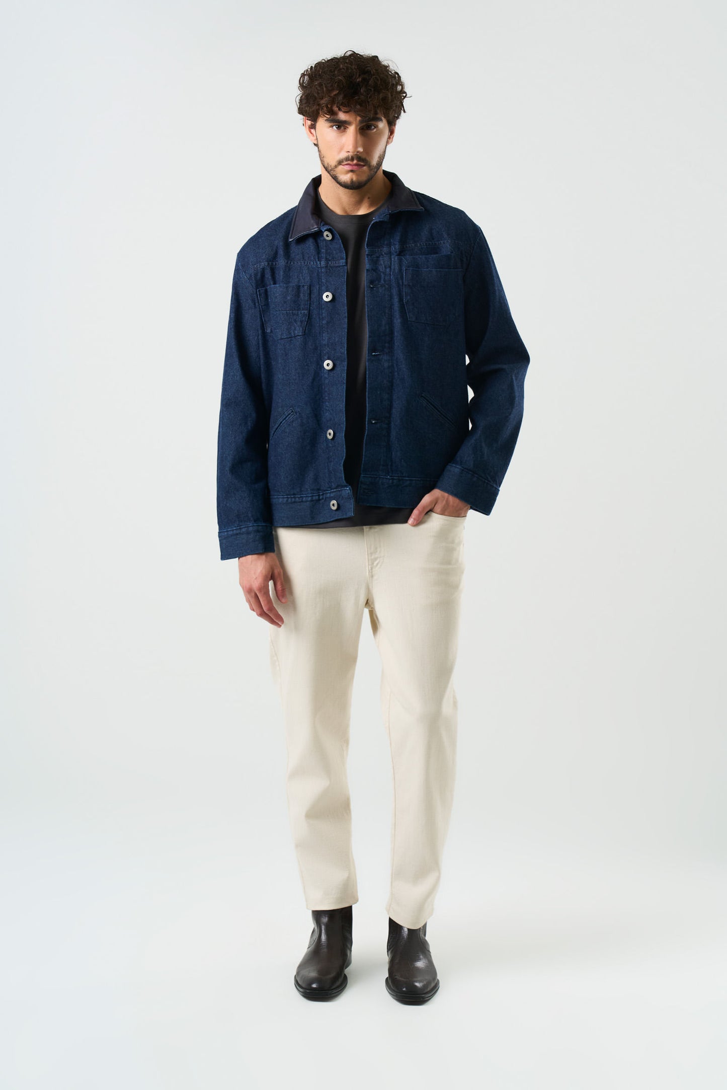 Chaqueta Lerna en denim y cuero para hombre silueta Trucker