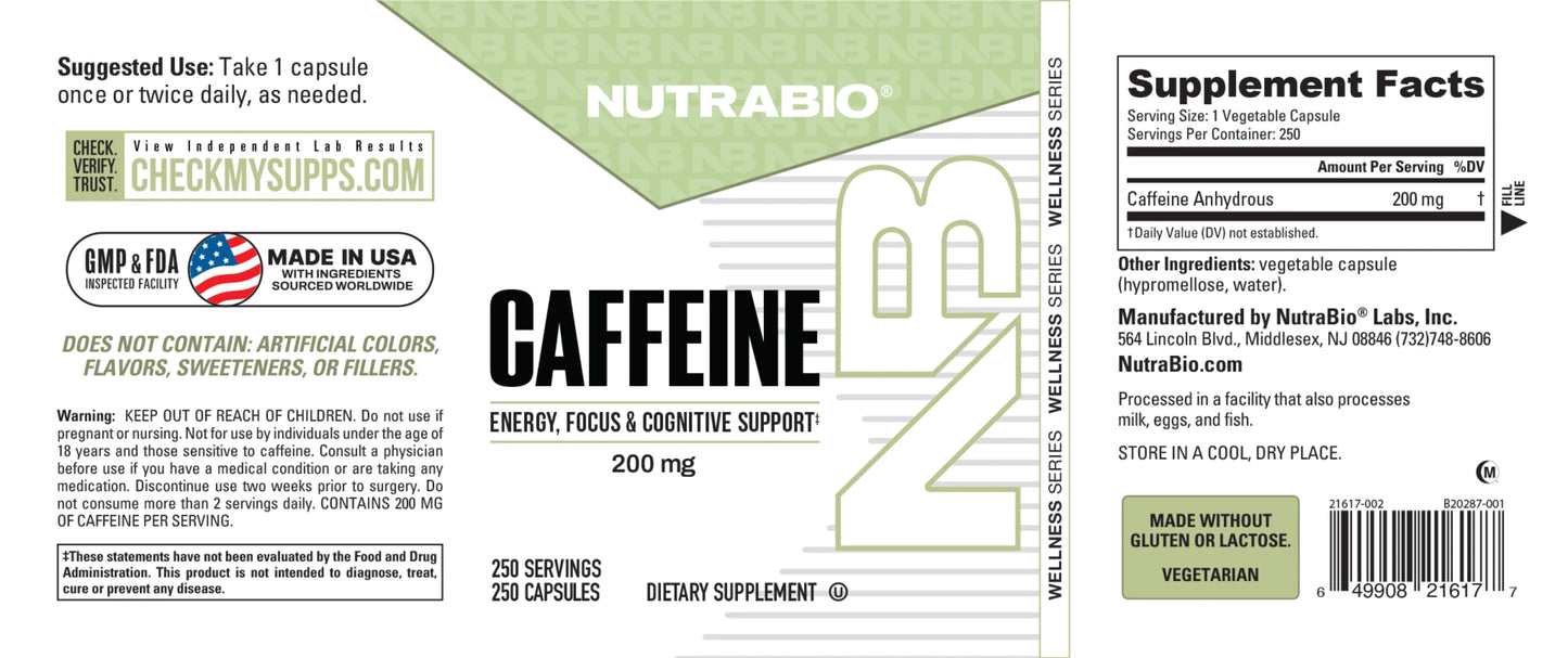 NUTRABIO CAFEINA 200 MG / 250 CAPS